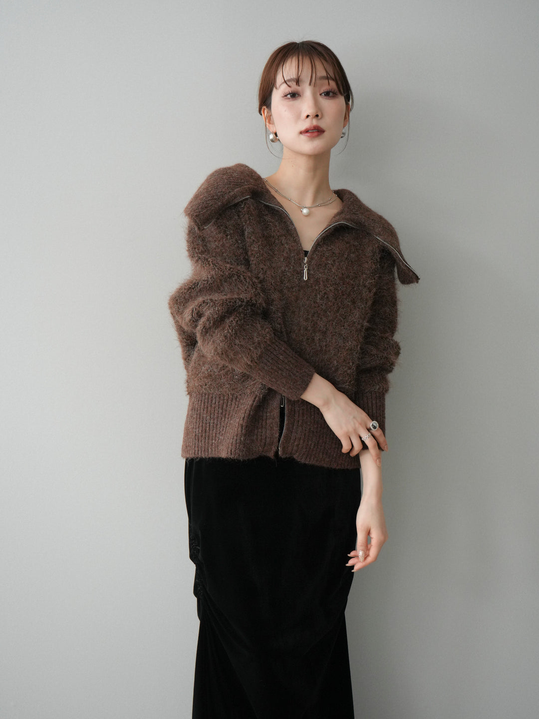 [SET]リブ襟ブークレZIPニットカーディガン+リブ襟ブークレZIPニットカーディガン(2set)