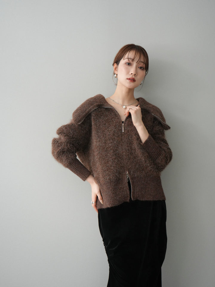 [予約]リブ襟ブークレZIPニットカーディガン/brown
