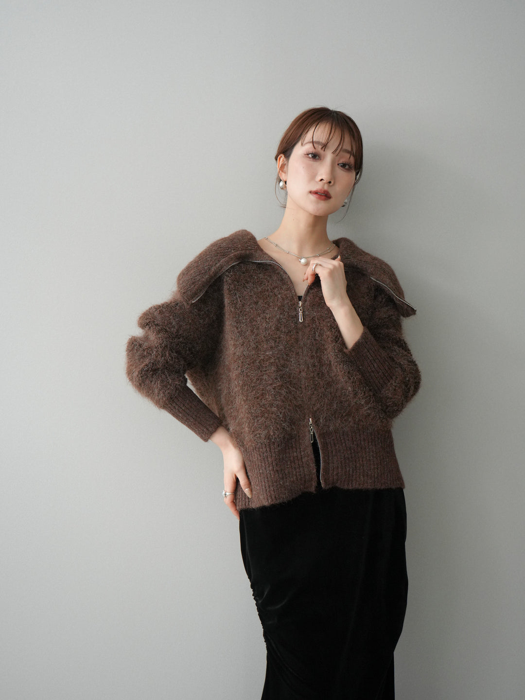[SET]リブ襟ブークレZIPニットカーディガン+選べるアクセセット(2set)