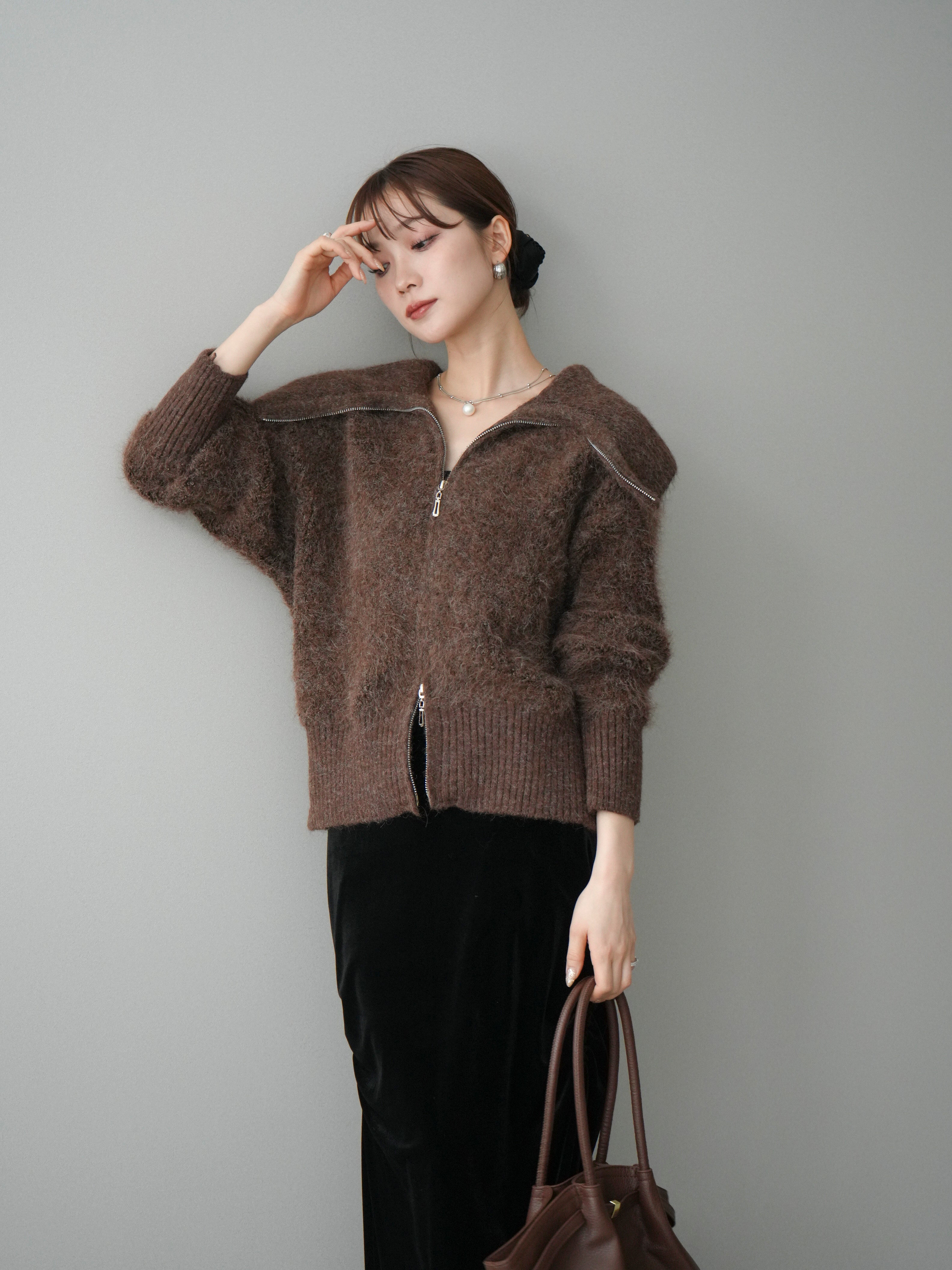 予約]リブ襟ブークレZIPニットカーディガン/brown – Lumier