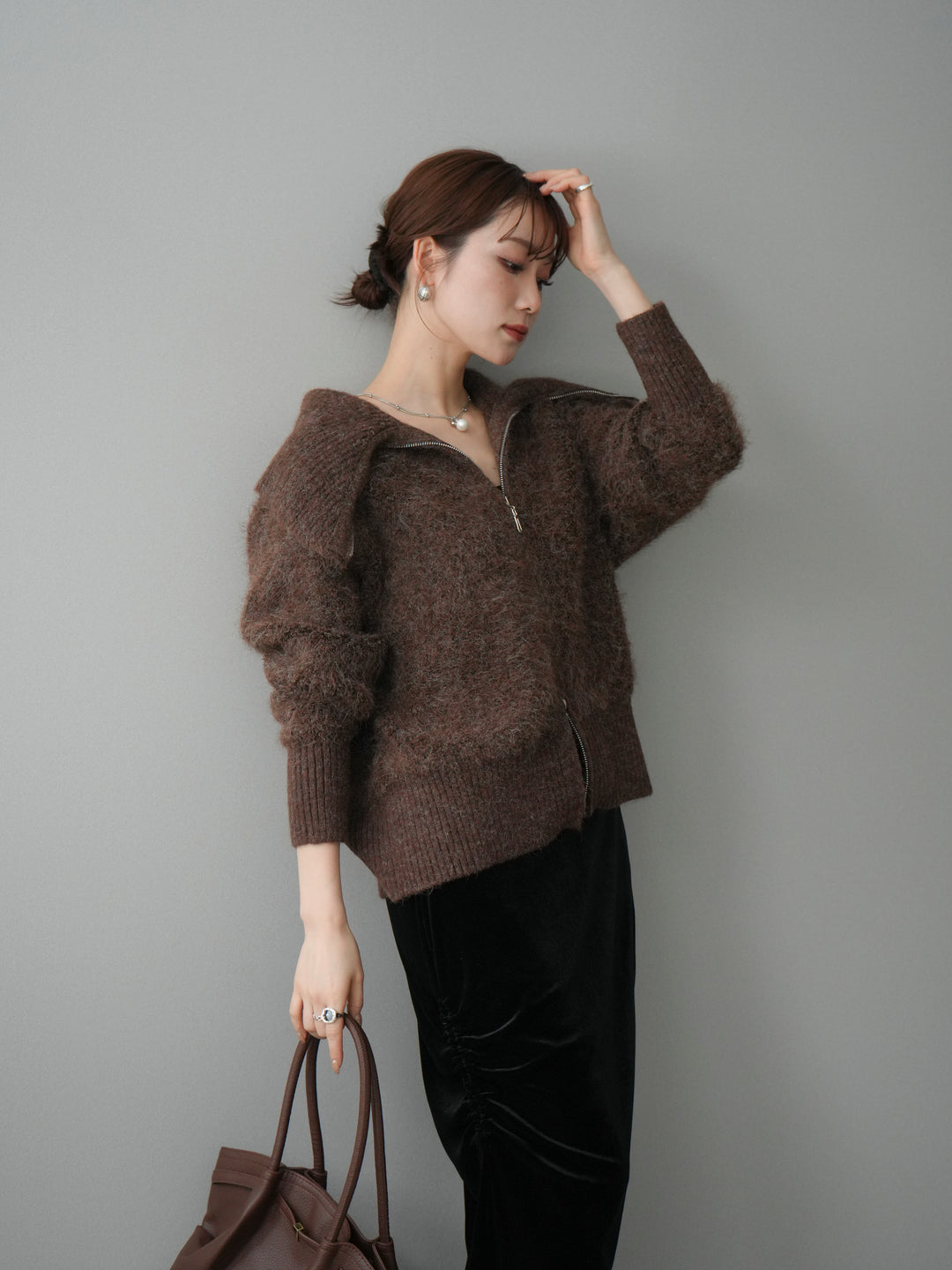 [SET]リブ襟ブークレZIPニットカーディガン+ギャザーベロアスカート(2set)