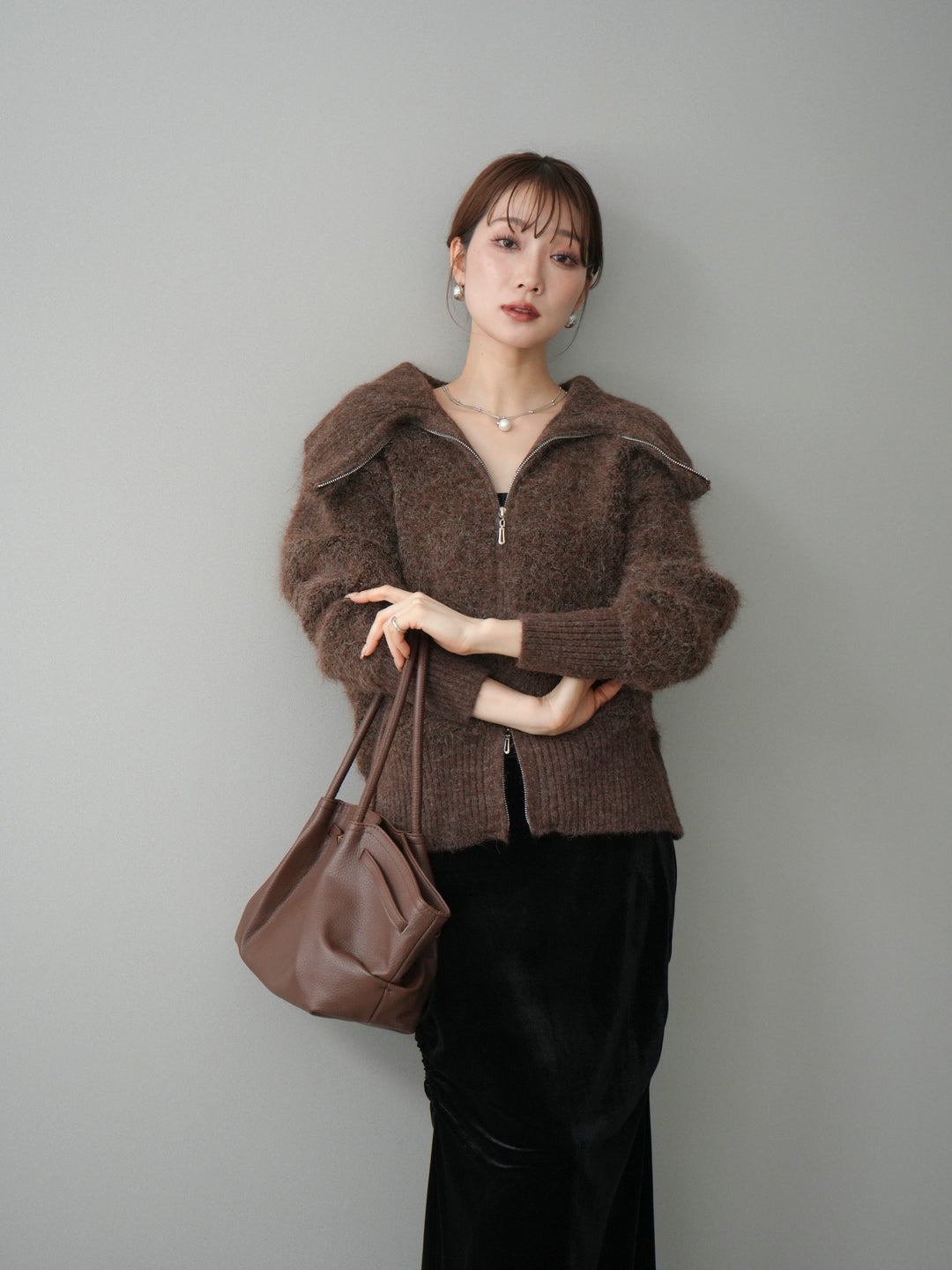 [SET]リブ襟ブークレZIPニットカーディガン+ギャザーベロアスカート(2set)