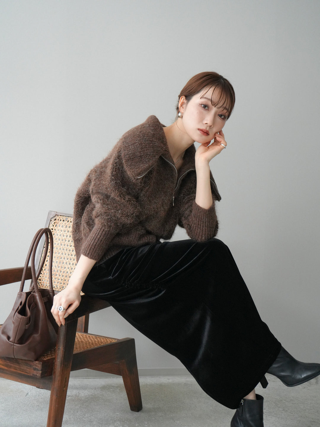 [SET]リブ襟ブークレZIPニットカーディガン+リブ襟ブークレZIPニットカーディガン(2set)