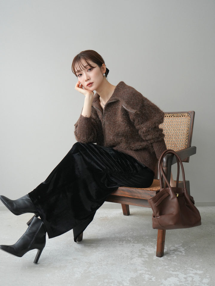 [SET]リブ襟ブークレZIPニットカーディガン+ギャザーベロアスカート(2set)