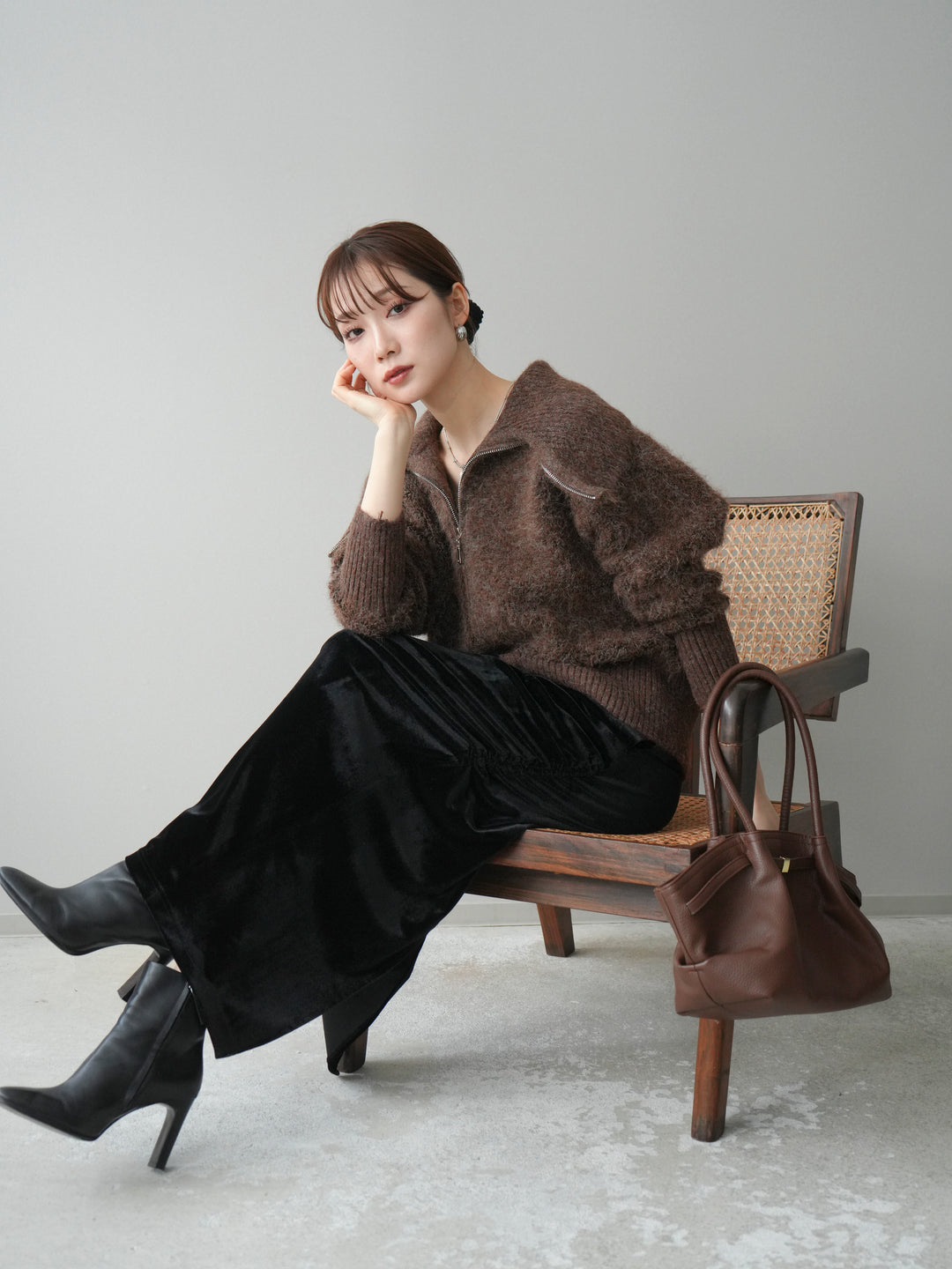 [SET]リブ襟ブークレZIPニットカーディガン+選べるアクセセット(2set)