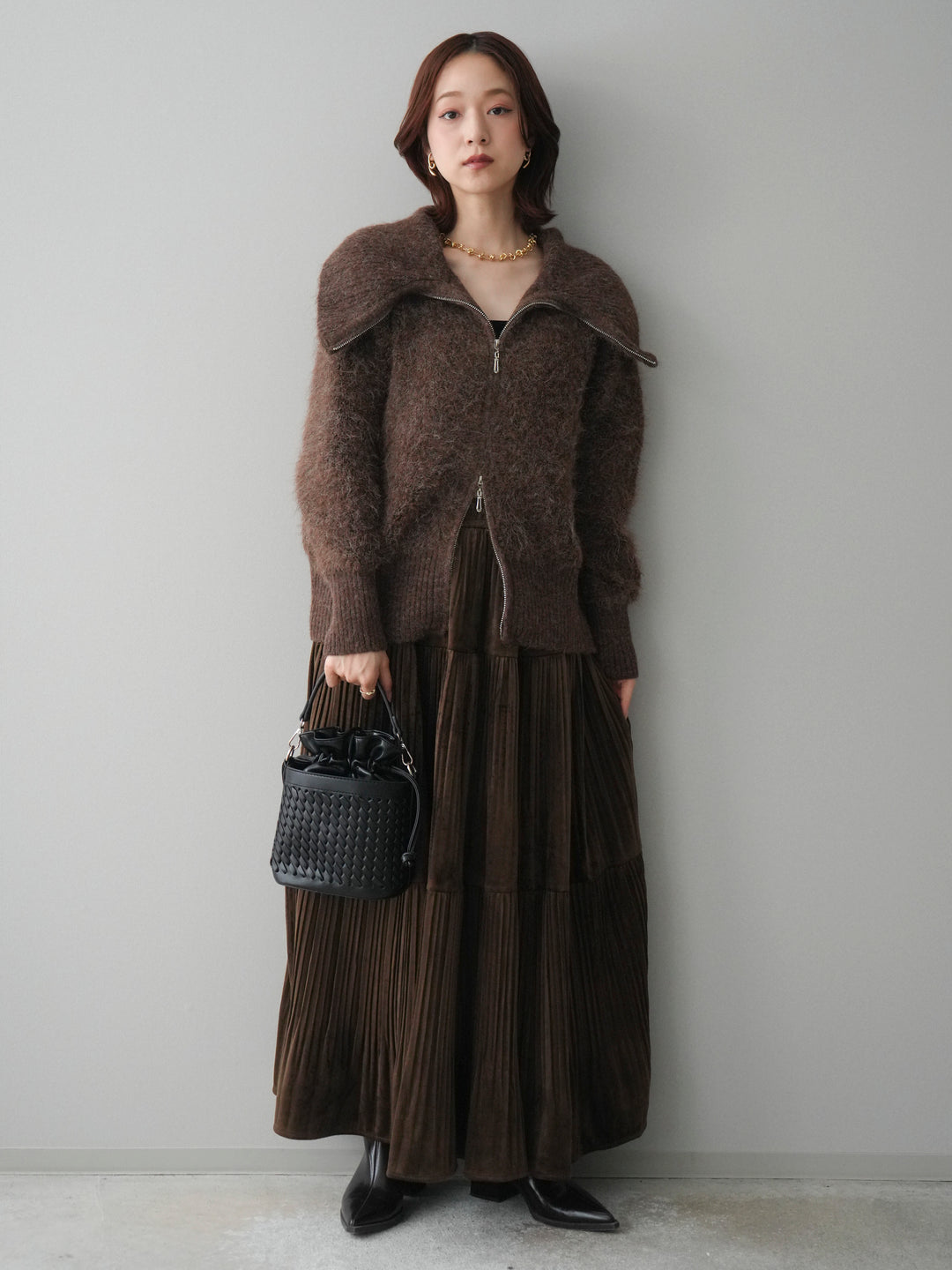 [SET]リブ襟ブークレZIPニットカーディガン+ベロアティアードワッシャースカート(2set)