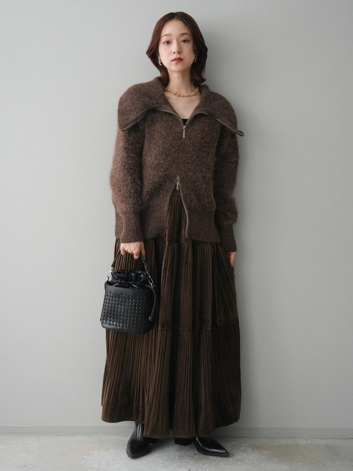 [SET]リブ襟ブークレZIPニットカーディガン+ベロアティアードワッシャースカート(2set)