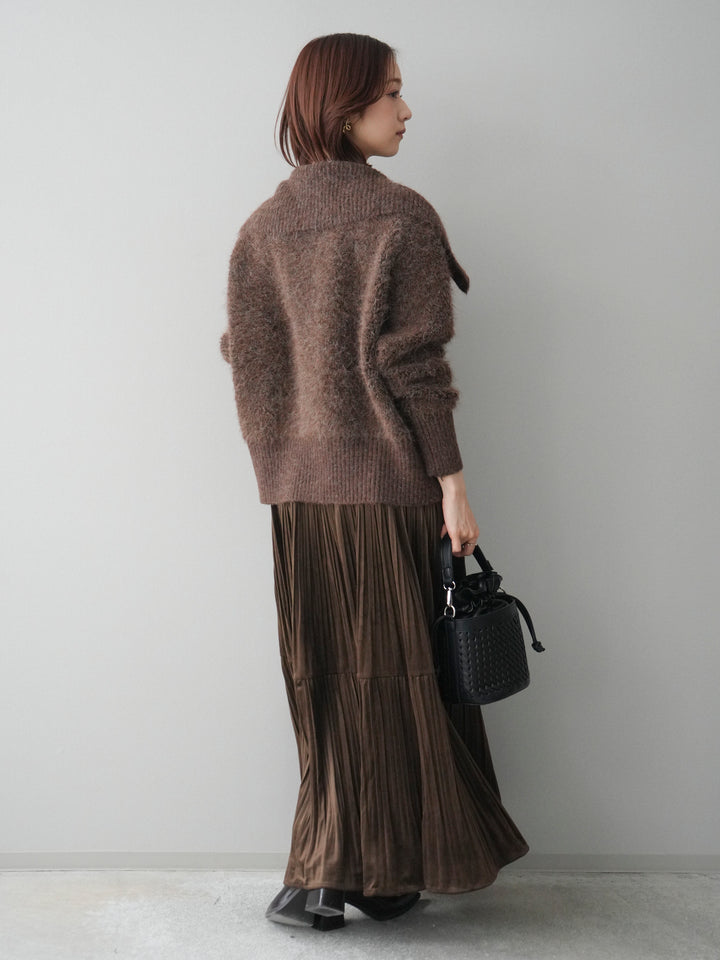 [SET]リブ襟ブークレZIPニットカーディガン+ベロアティアードワッシャースカート(2set)