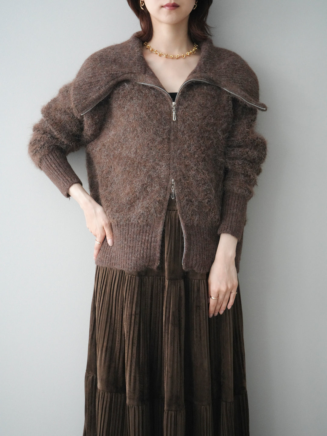 [SET]リブ襟ブークレZIPニットカーディガン+ベロアティアードワッシャースカート(2set)