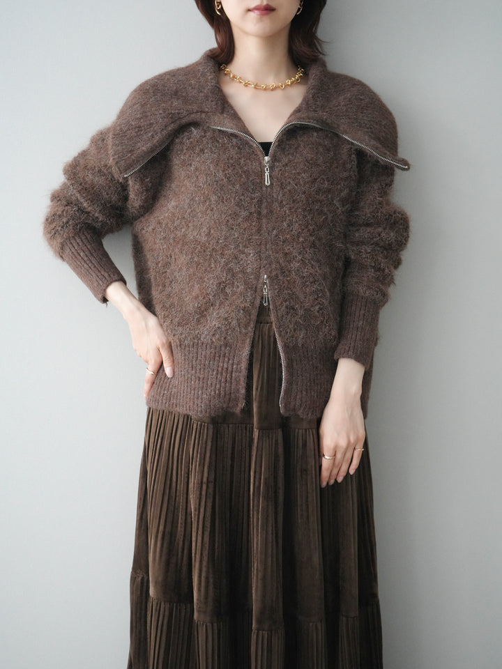 [SET]リブ襟ブークレZIPニットカーディガン+ベロアティアードワッシャースカート(2set)