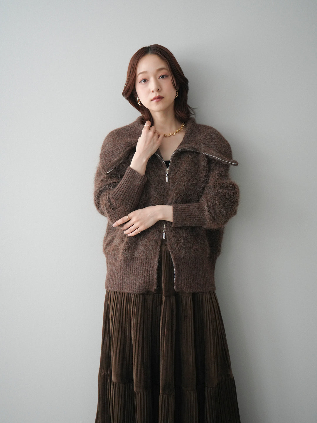 [SET]リブ襟ブークレZIPニットカーディガン+ベロアティアードワッシャースカート(2set)