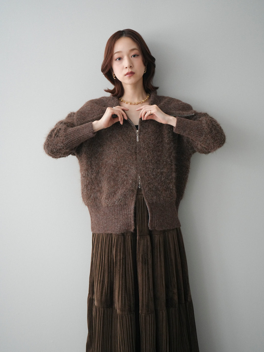 [SET]リブ襟ブークレZIPニットカーディガン+ベロアティアードワッシャースカート(2set)