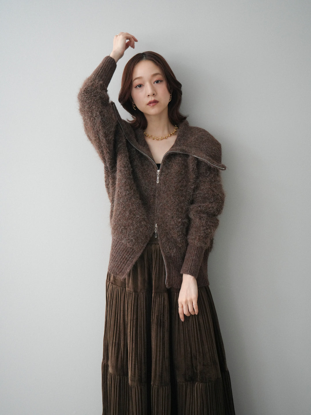 [SET]リブ襟ブークレZIPニットカーディガン+ベロアティアードワッシャースカート(2set)