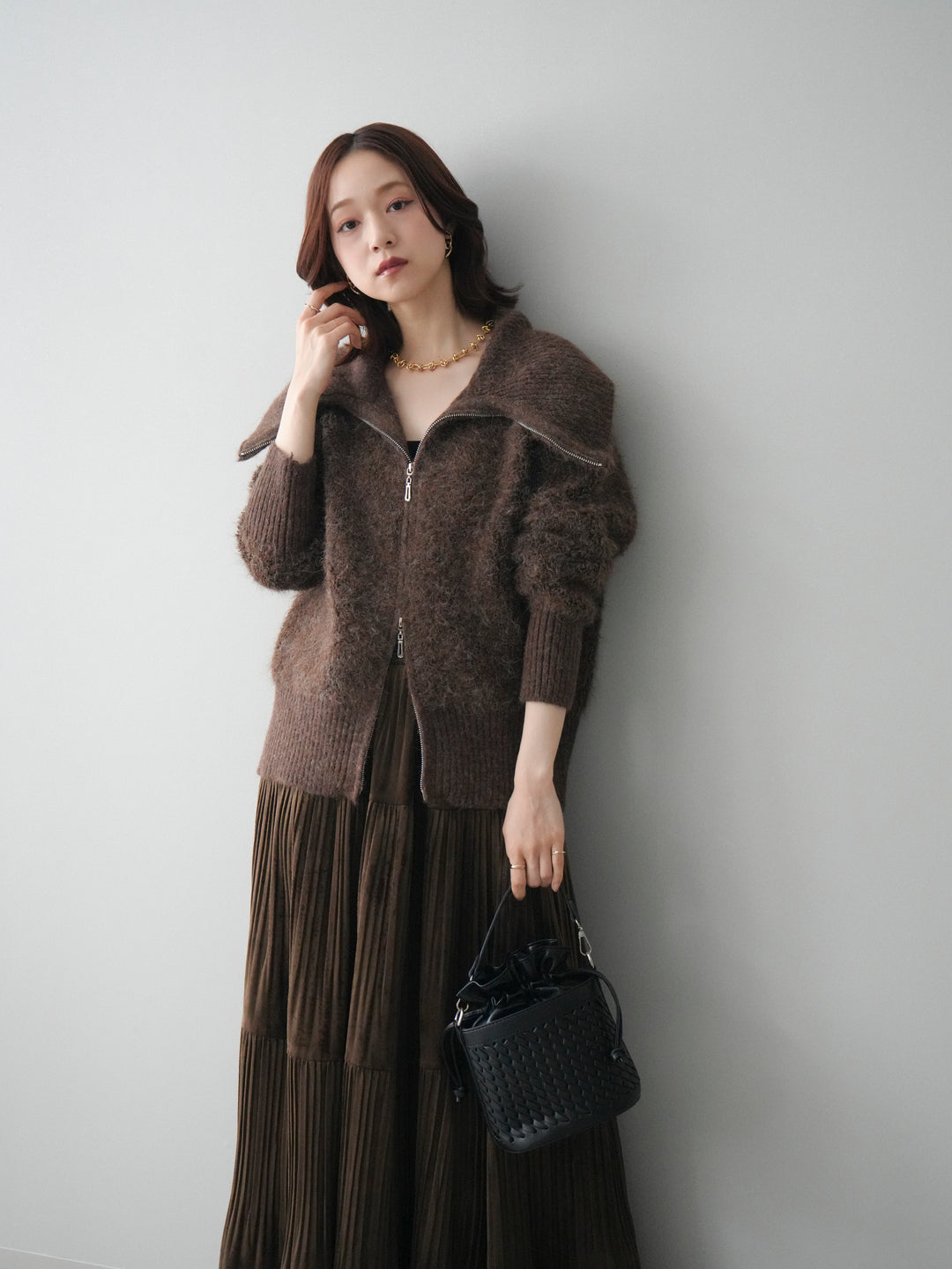 [SET]リブ襟ブークレZIPニットカーディガン+ベロアティアードワッシャースカート(2set)