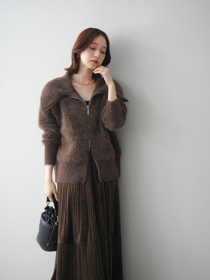 [SET]リブ襟ブークレZIPニットカーディガン+ベロアティアードワッシャースカート(2set)