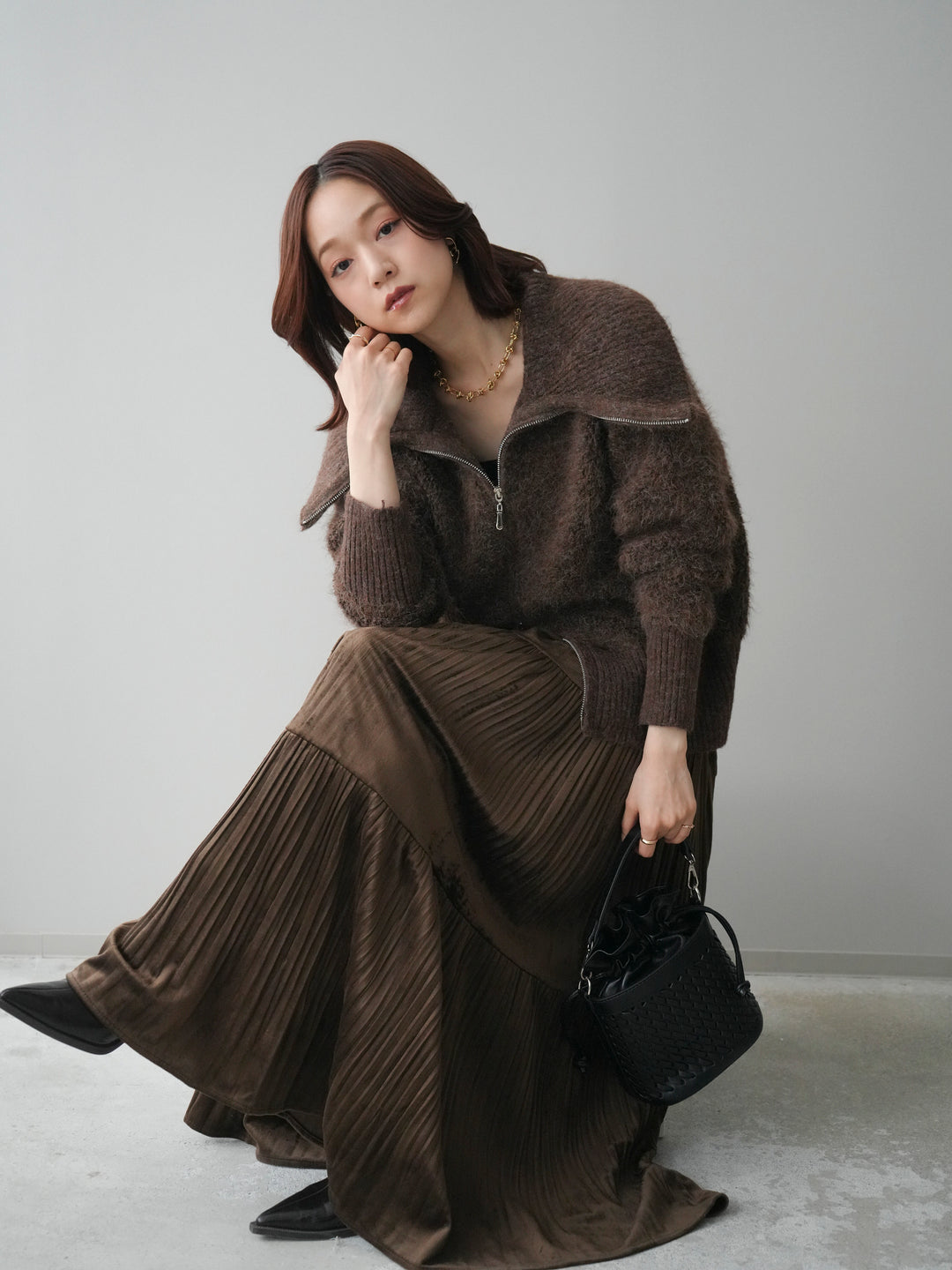 [SET]リブ襟ブークレZIPニットカーディガン+ベロアティアードワッシャースカート(2set)