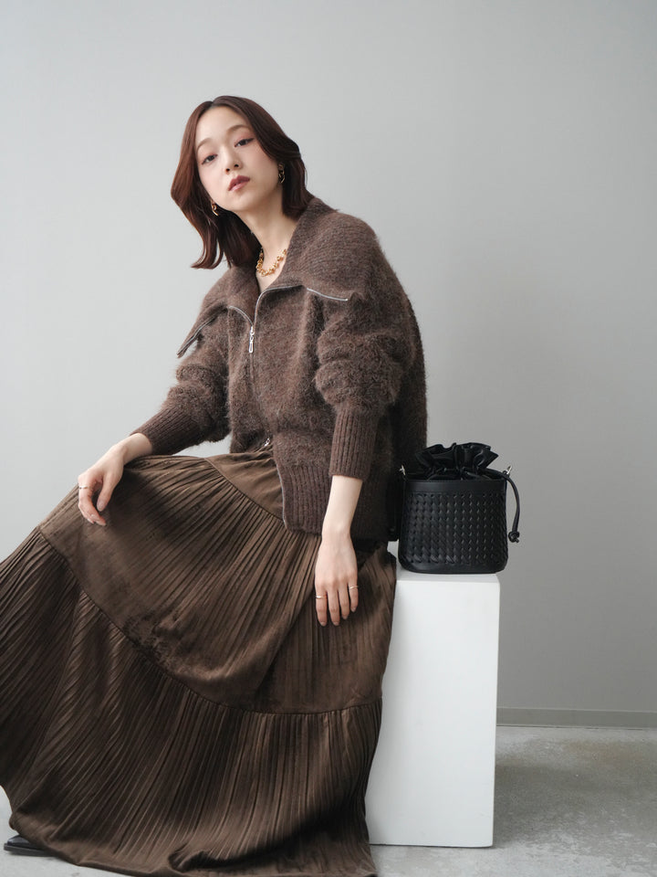 [SET]リブ襟ブークレZIPニットカーディガン+ベロアティアードワッシャースカート(2set)