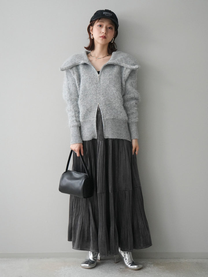 [SET]リブ襟ブークレZIPニットカーディガン+ベロアティアードワッシャースカート(2set)