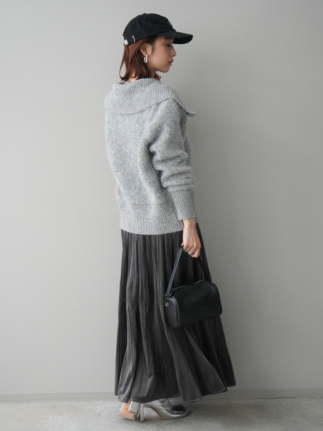 [SET]リブ襟ブークレZIPニットカーディガン+ベロアティアードワッシャースカート(2set)