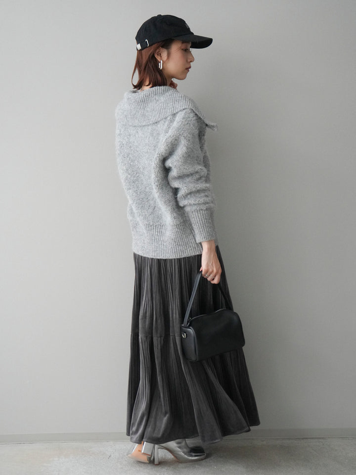 [SET]リブ襟ブークレZIPニットカーディガン+ベロアティアードワッシャースカート(2set)