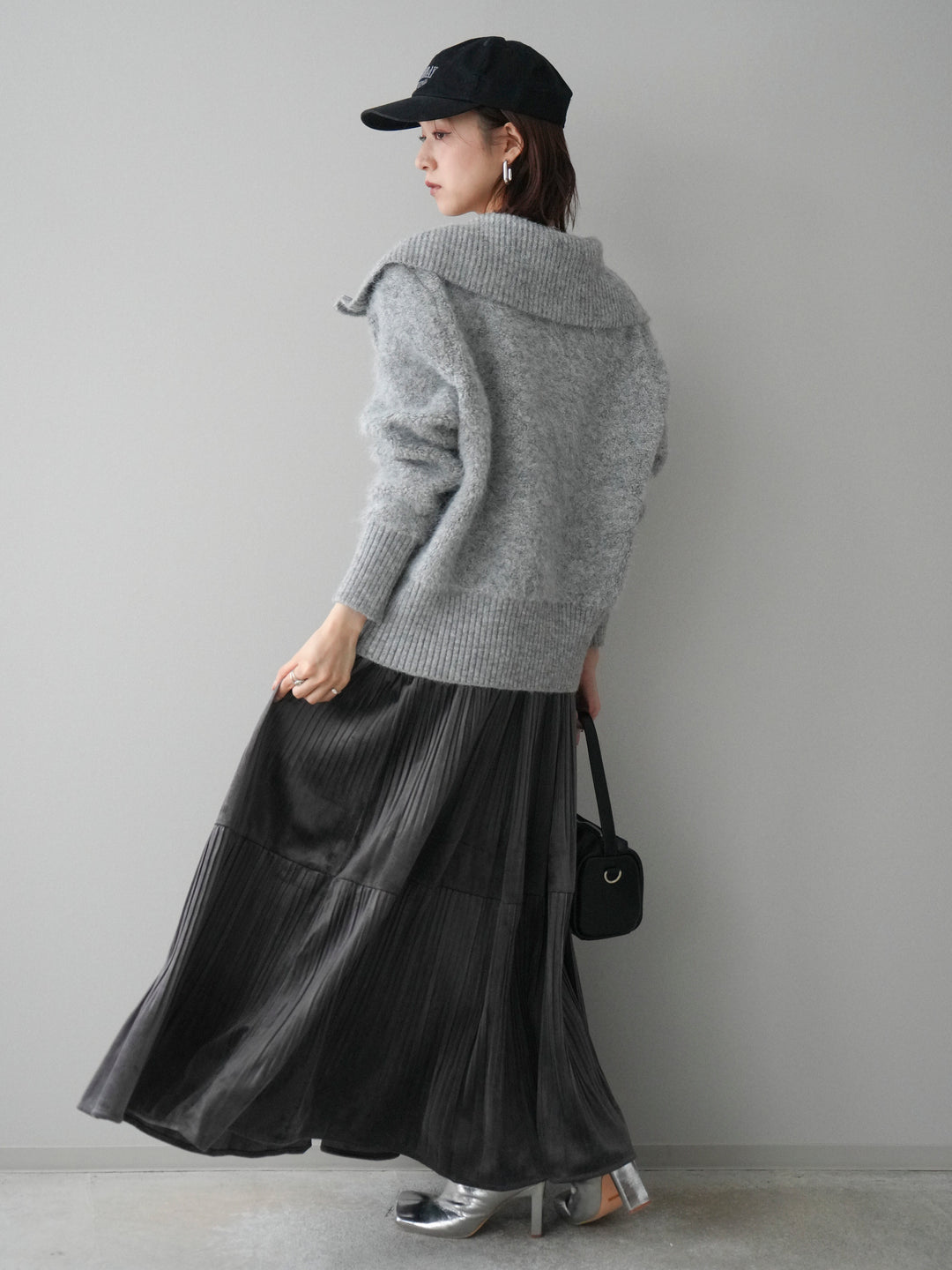 [SET]リブ襟ブークレZIPニットカーディガン+ベロアティアードワッシャースカート(2set)