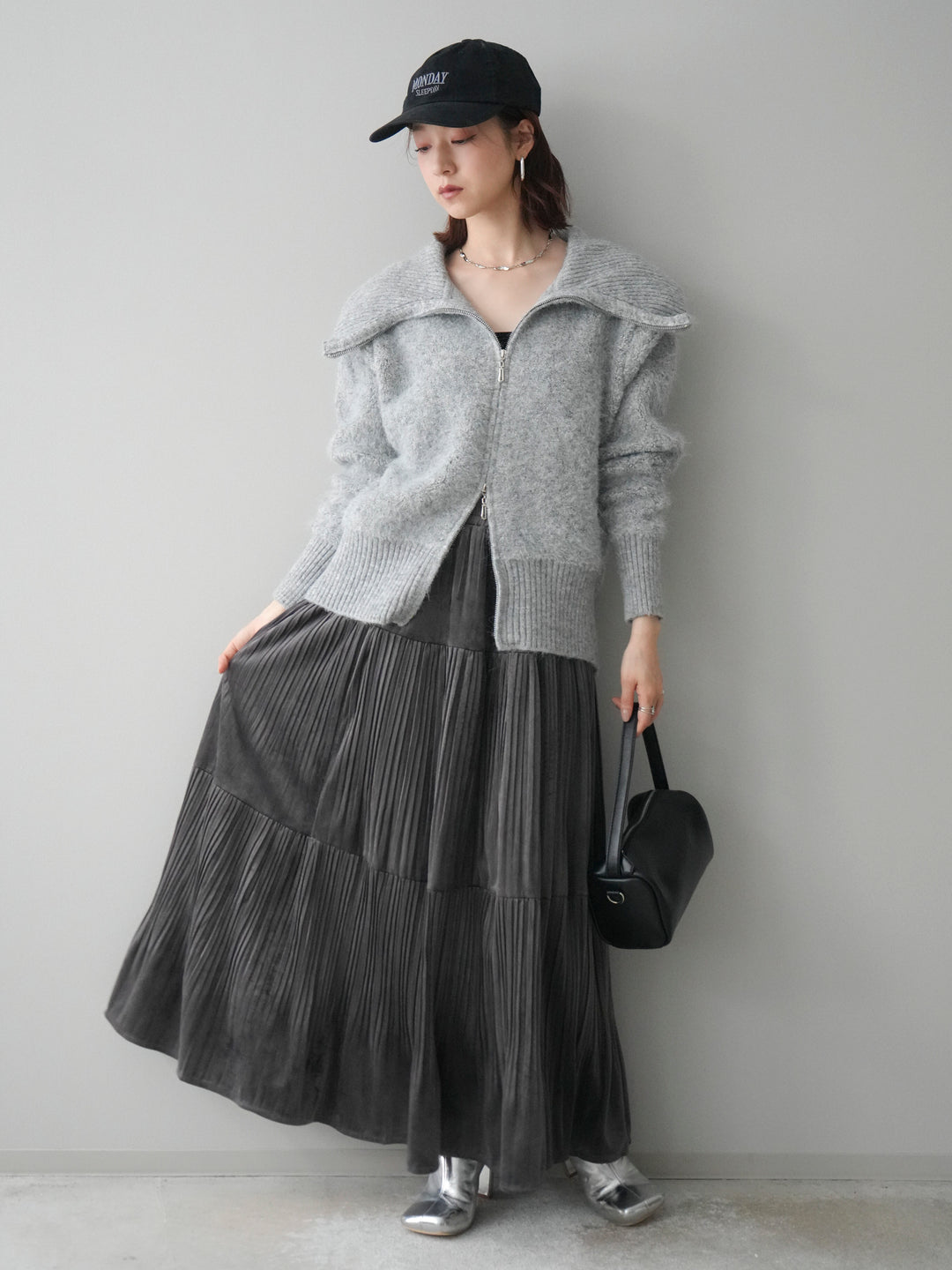 [SET]リブ襟ブークレZIPニットカーディガン+ベロアティアードワッシャースカート(2set)