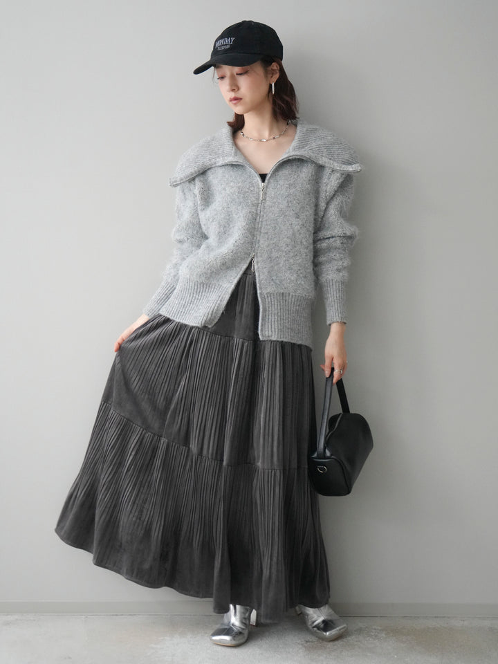 [SET]リブ襟ブークレZIPニットカーディガン+ベロアティアードワッシャースカート(2set)