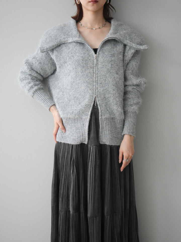 [SET]リブ襟ブークレZIPニットカーディガン+ベロアティアードワッシャースカート(2set)