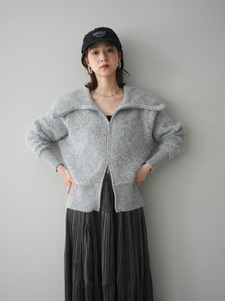 [SET]リブ襟ブークレZIPニットカーディガン+ベロアティアードワッシャースカート(2set)