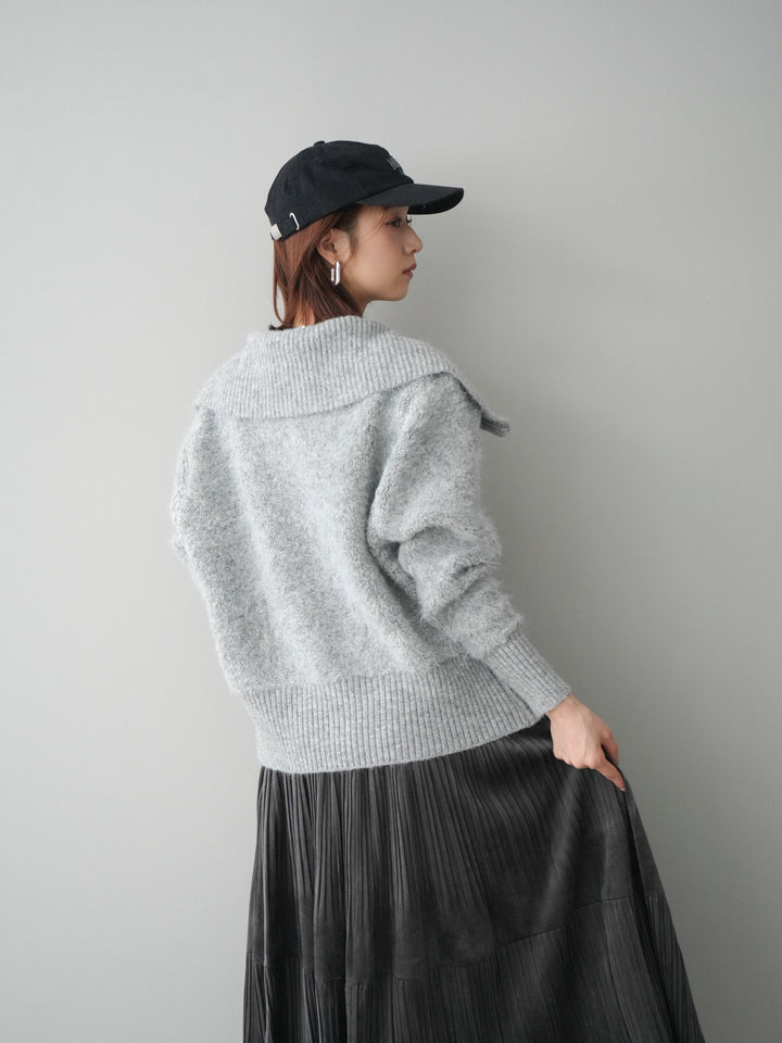 [SET]リブ襟ブークレZIPニットカーディガン+ベロアティアードワッシャースカート(2set)