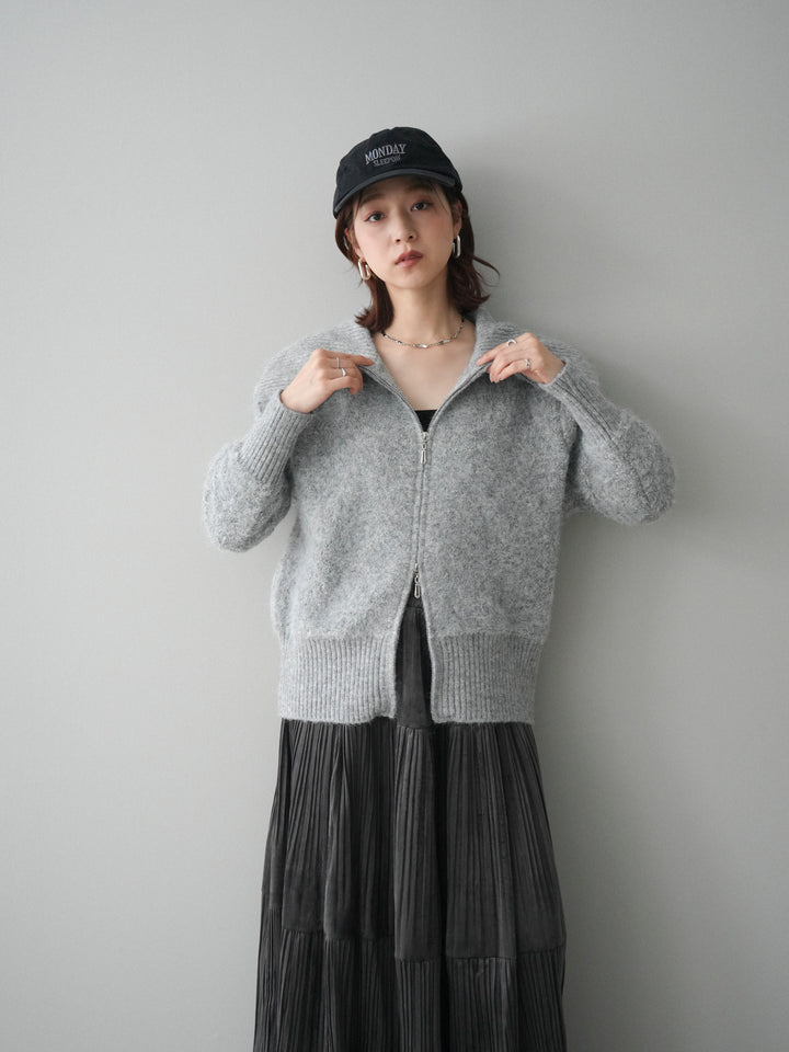 [SET]リブ襟ブークレZIPニットカーディガン+ベロアティアードワッシャースカート(2set)