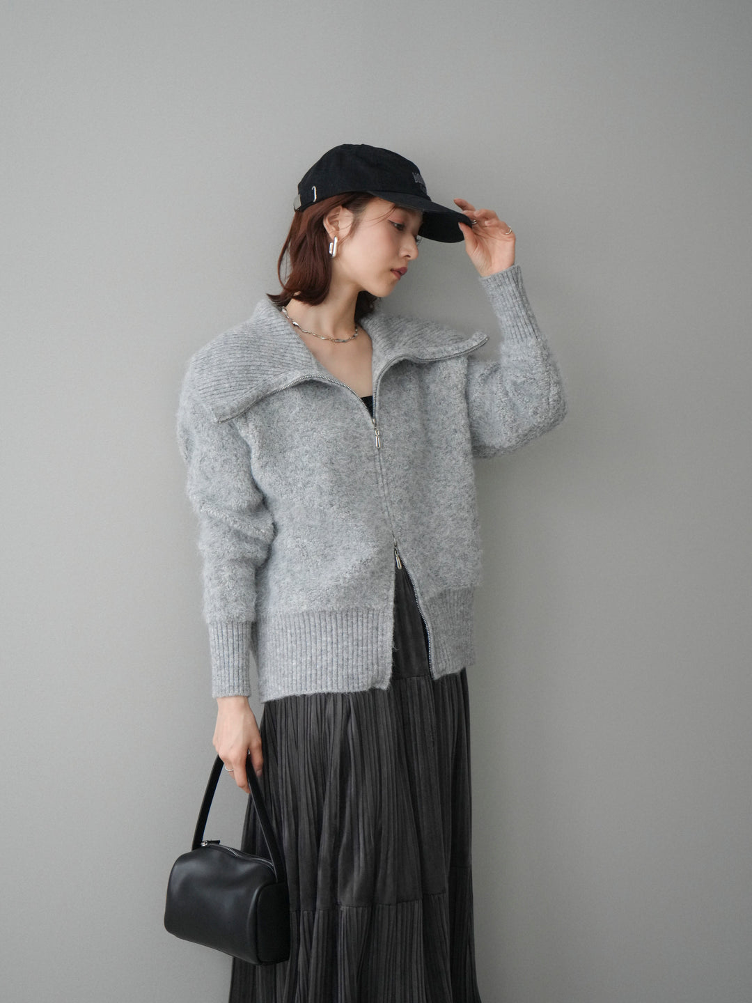 [SET]リブ襟ブークレZIPニットカーディガン+ベロアティアードワッシャースカート(2set)