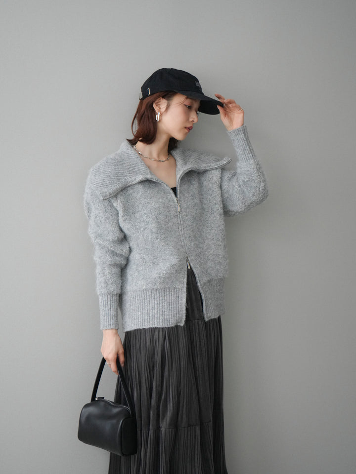 [SET]リブ襟ブークレZIPニットカーディガン+ベロアティアードワッシャースカート(2set)