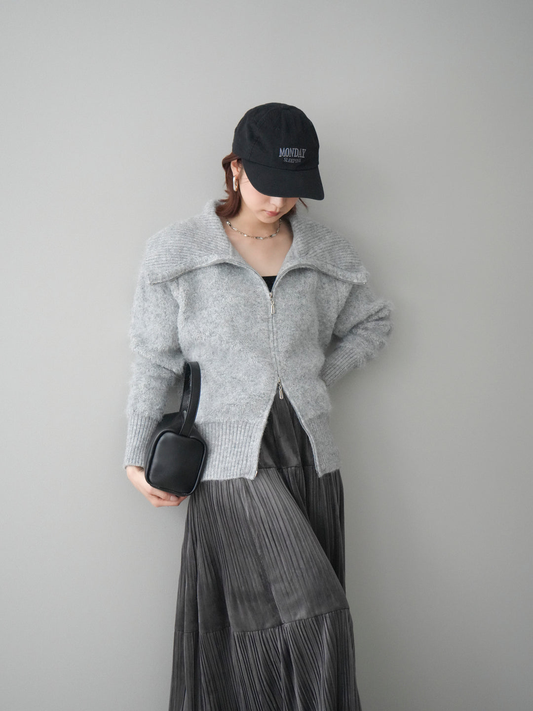 [SET]リブ襟ブークレZIPニットカーディガン+ベロアティアードワッシャースカート(2set)