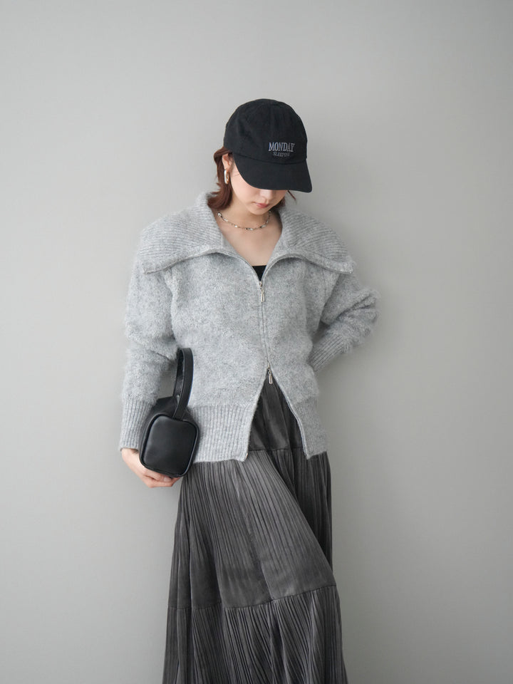 [SET]リブ襟ブークレZIPニットカーディガン+ベロアティアードワッシャースカート(2set)