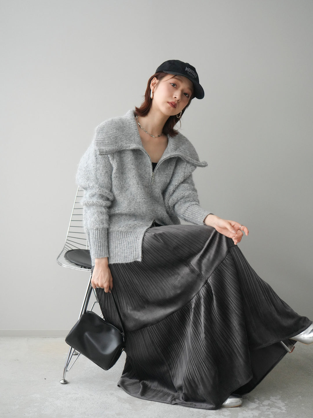 [SET]リブ襟ブークレZIPニットカーディガン+ベロアティアードワッシャースカート(2set)