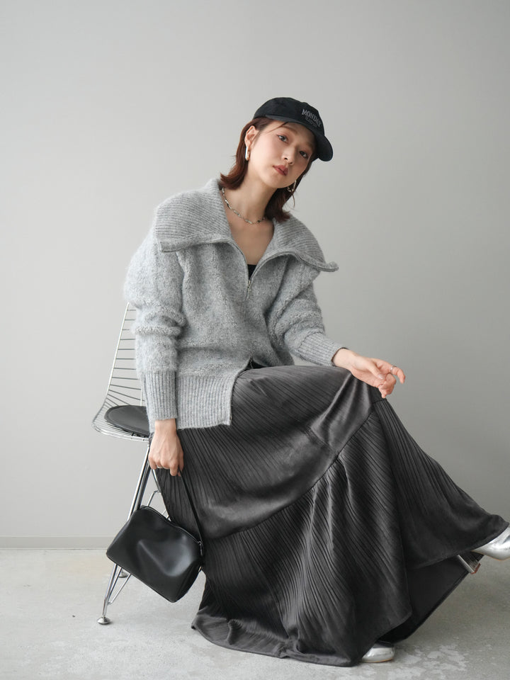 [SET]リブ襟ブークレZIPニットカーディガン+ベロアティアードワッシャースカート(2set)