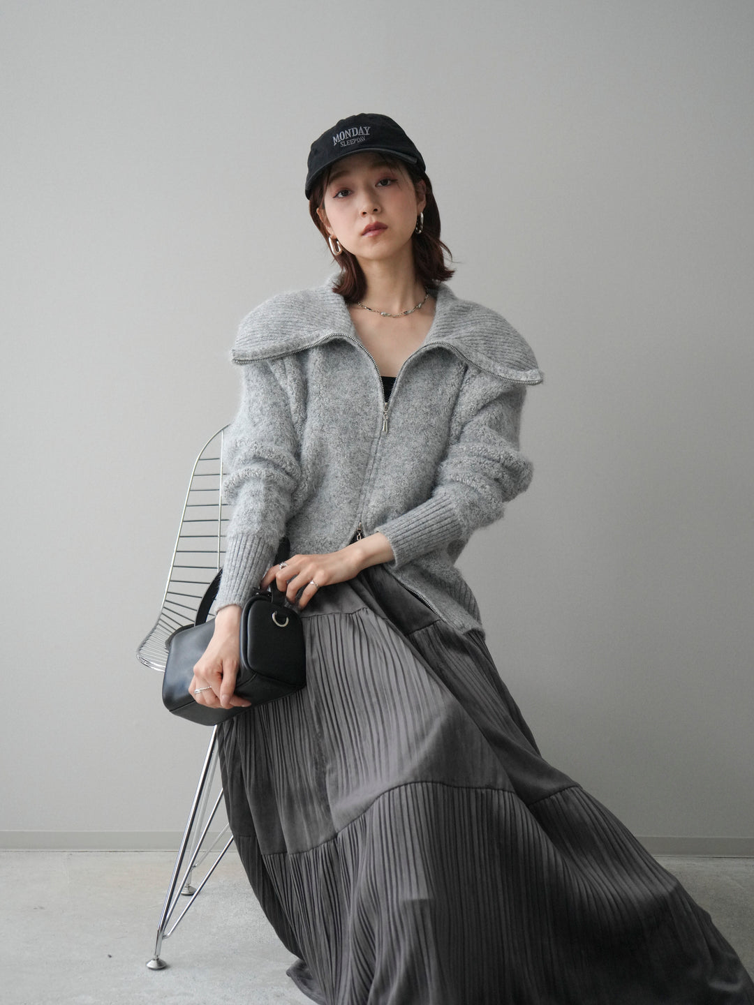 [SET]リブ襟ブークレZIPニットカーディガン+ベロアティアードワッシャースカート(2set)