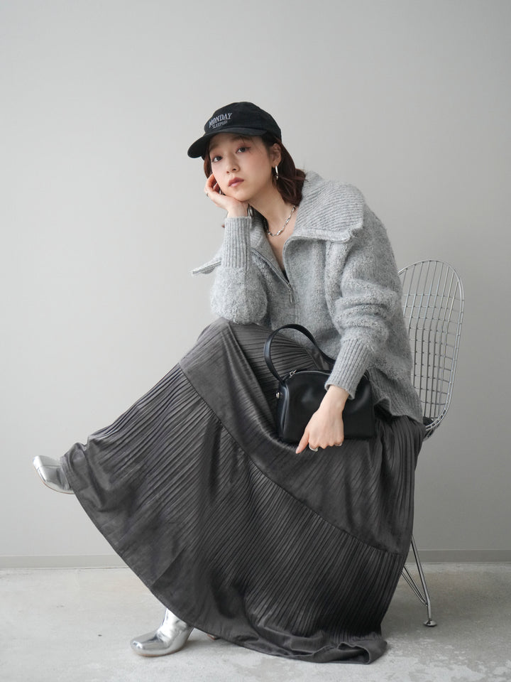 [SET]リブ襟ブークレZIPニットカーディガン+ベロアティアードワッシャースカート(2set)