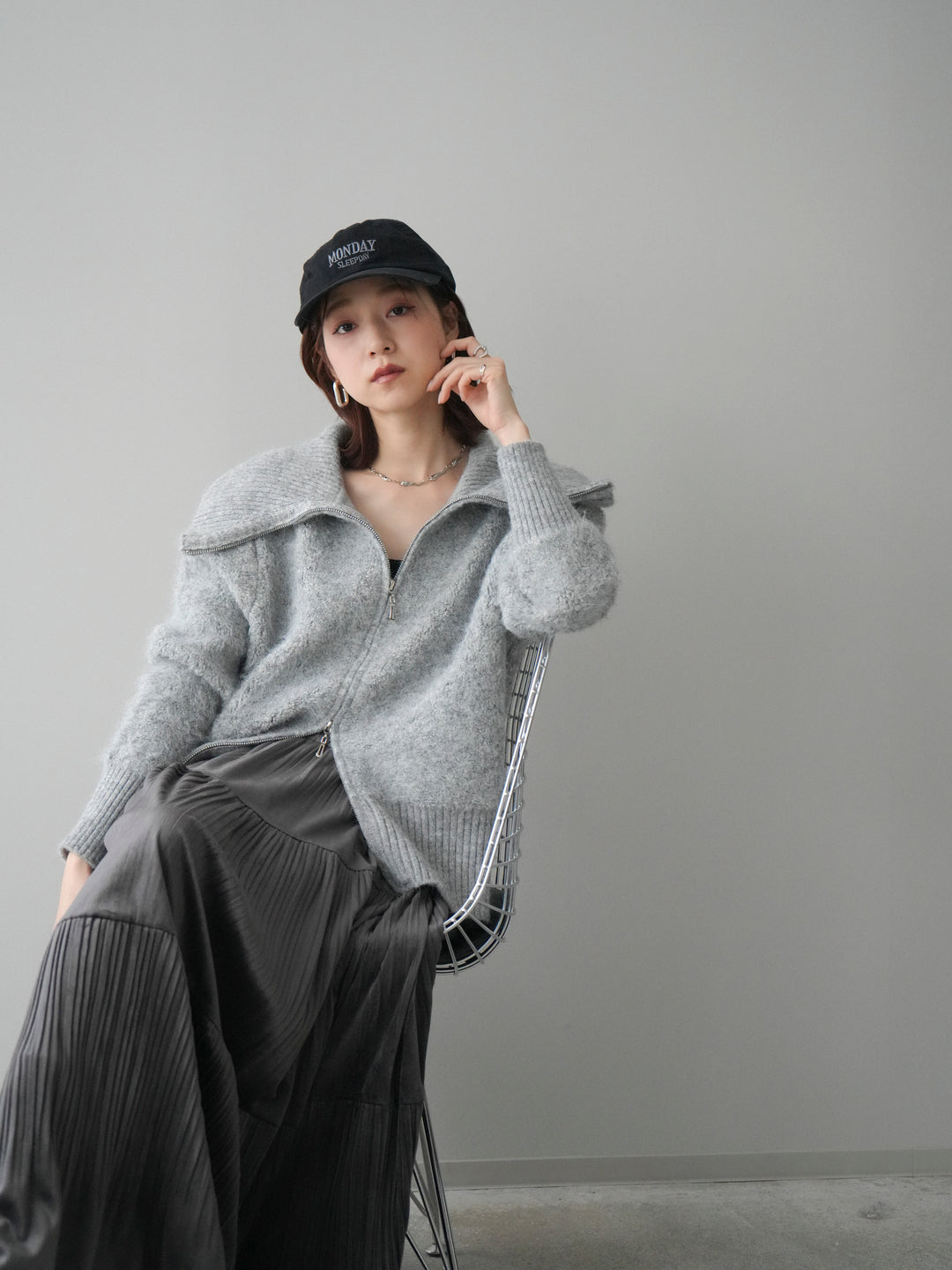 [SET]リブ襟ブークレZIPニットカーディガン+ベロアティアードワッシャースカート(2set)