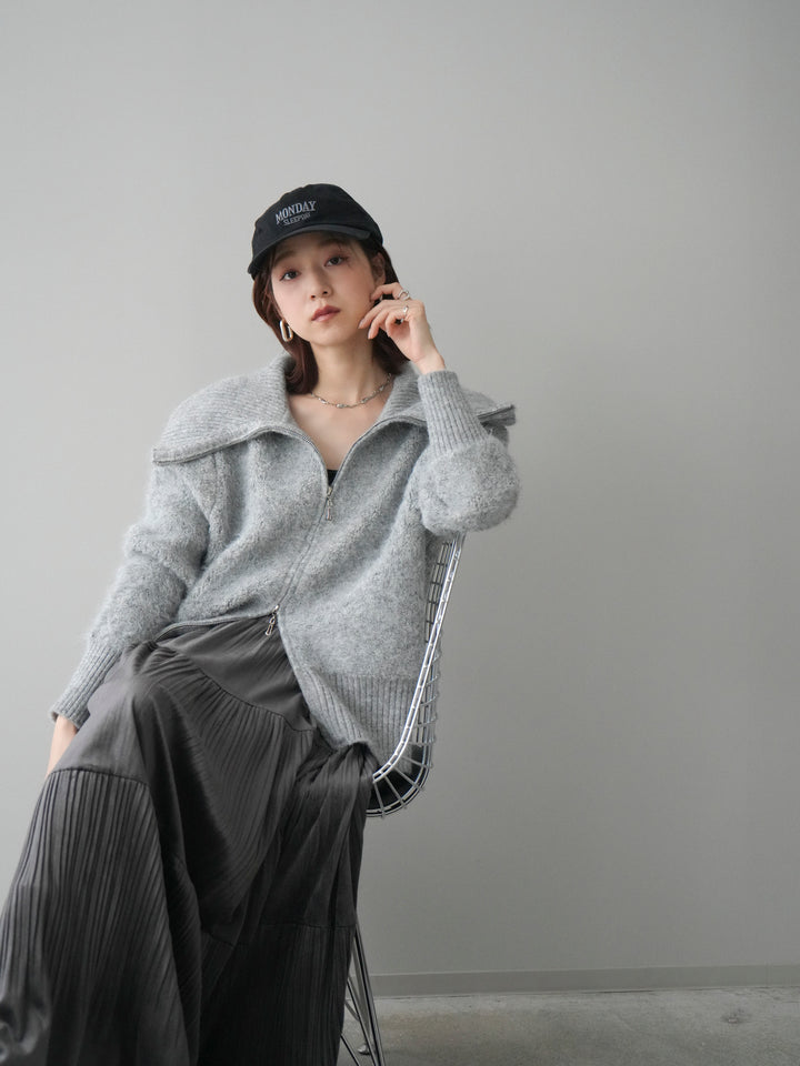 [SET]リブ襟ブークレZIPニットカーディガン+ベロアティアードワッシャースカート(2set)