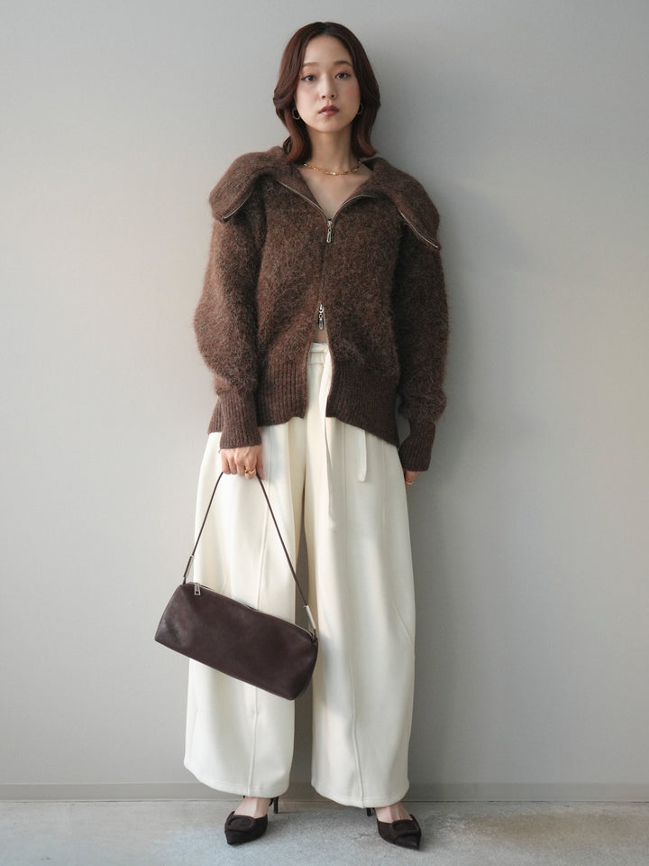 [SET]リブ襟ブークレZIPニットカーディガン+ウエストベルトカーブラインスエットパンツ(2set)