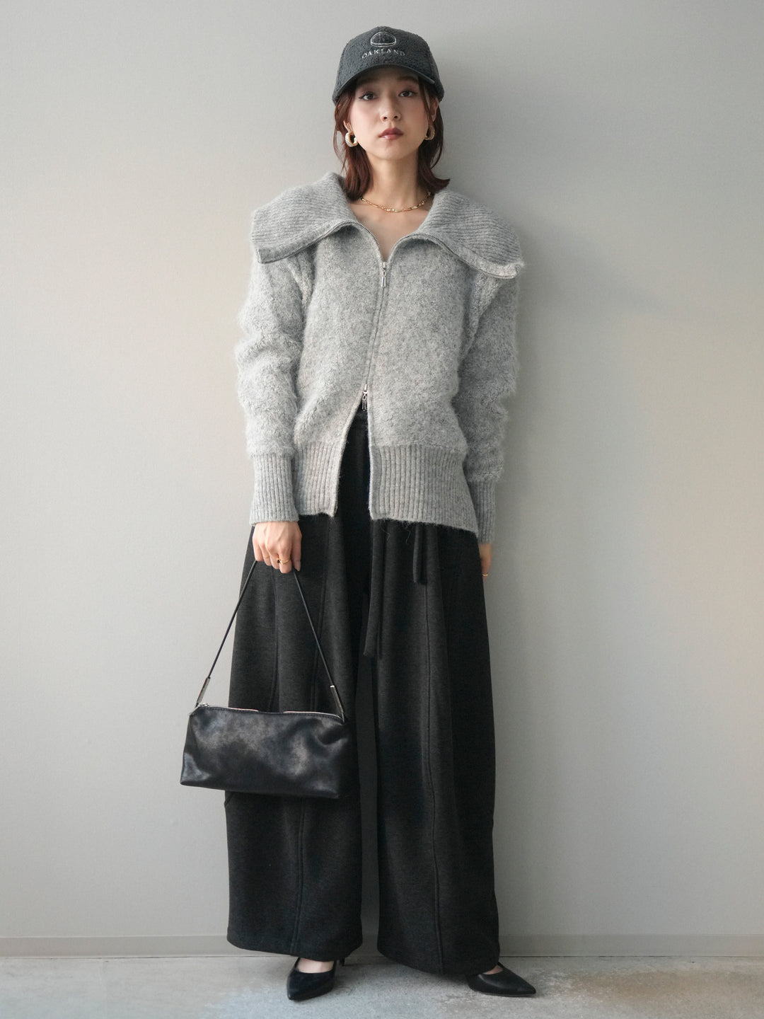 [SET]リブ襟ブークレZIPニットカーディガン+ウエストベルトカーブラインスエットパンツ(2set)