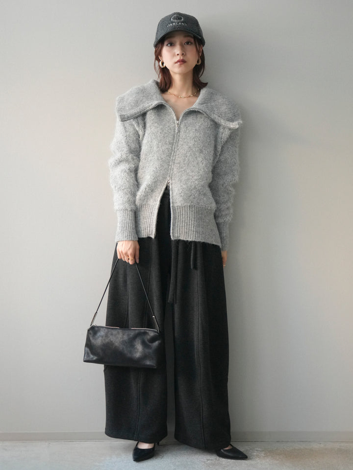 [SET]リブ襟ブークレZIPニットカーディガン+ウエストベルトカーブラインスエットパンツ(2set)