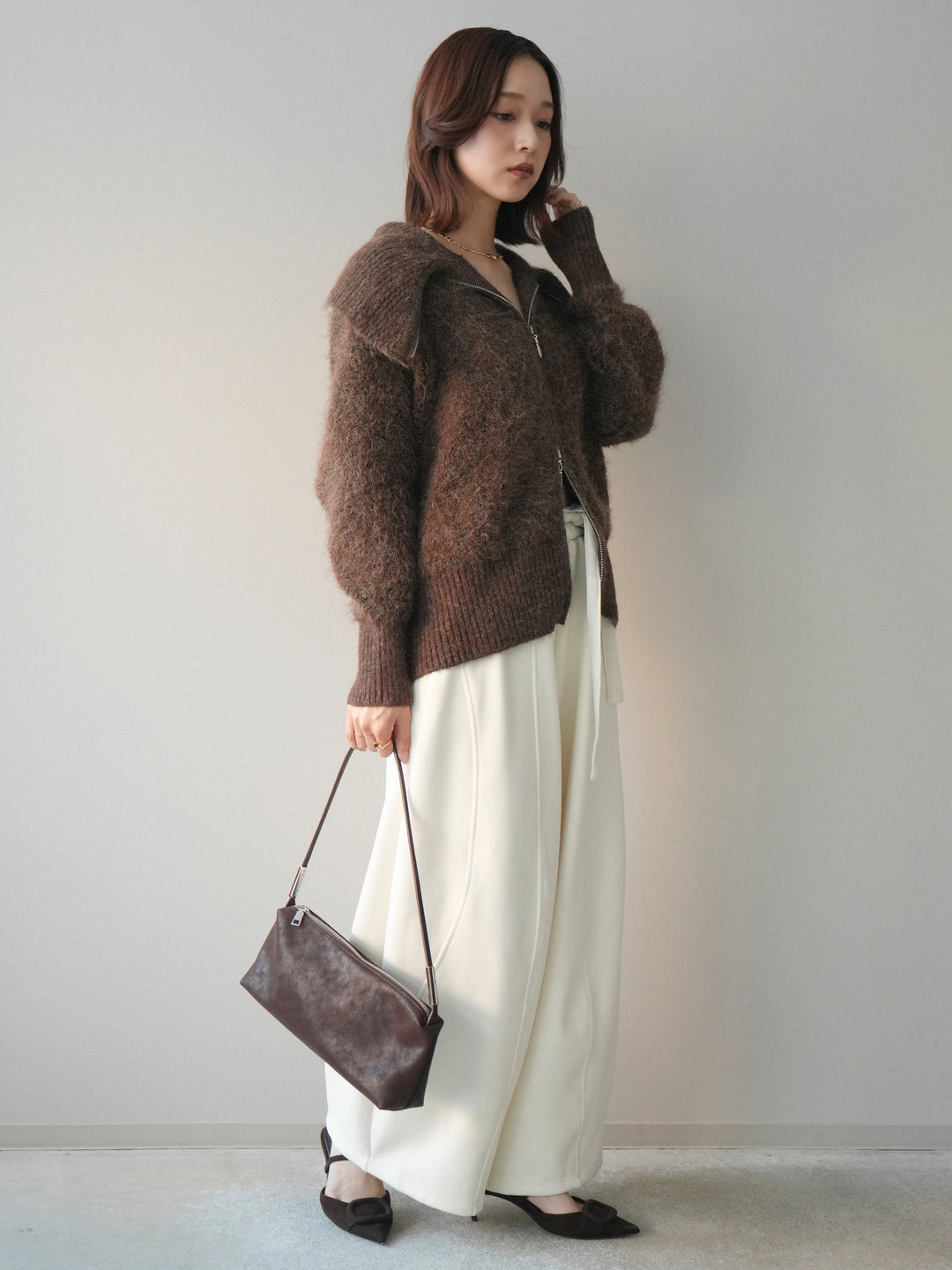 [SET]リブ襟ブークレZIPニットカーディガン+ウエストベルトカーブラインスエットパンツ(2set)