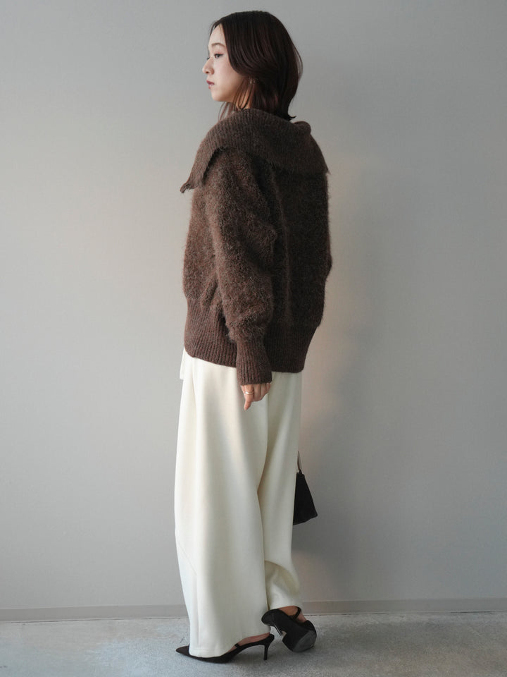 [SET]リブ襟ブークレZIPニットカーディガン+ウエストベルトカーブラインスエットパンツ(2set)