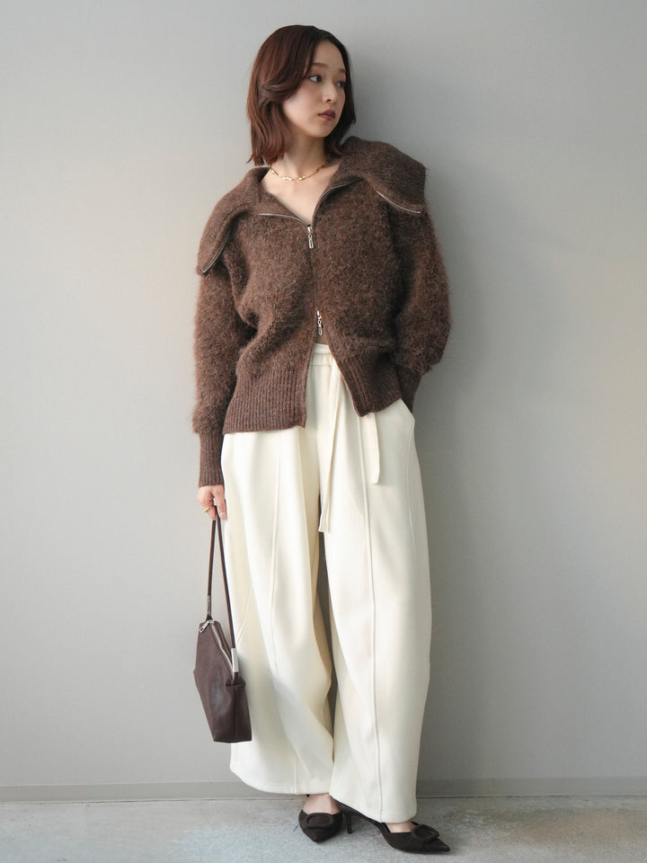 [SET]リブ襟ブークレZIPニットカーディガン+ウエストベルトカーブラインスエットパンツ(2set)