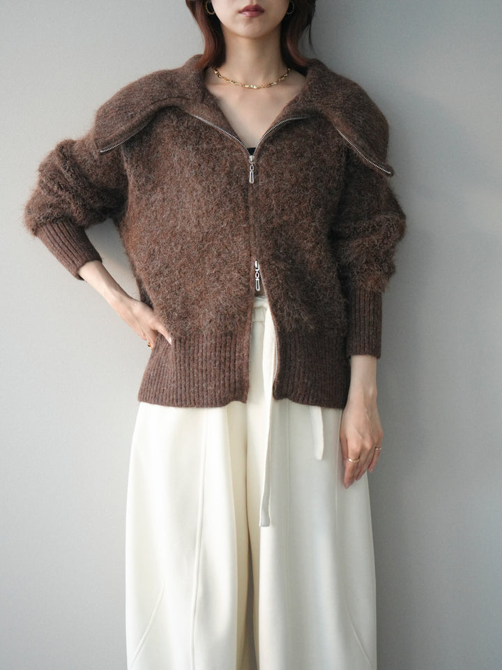 [SET]リブ襟ブークレZIPニットカーディガン+ウエストベルトカーブラインスエットパンツ(2set)