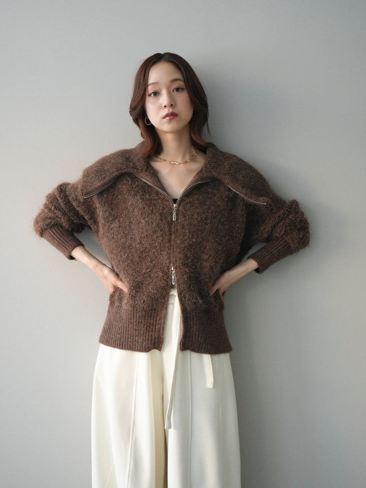 [SET]リブ襟ブークレZIPニットカーディガン+ウエストベルトカーブラインスエットパンツ(2set)