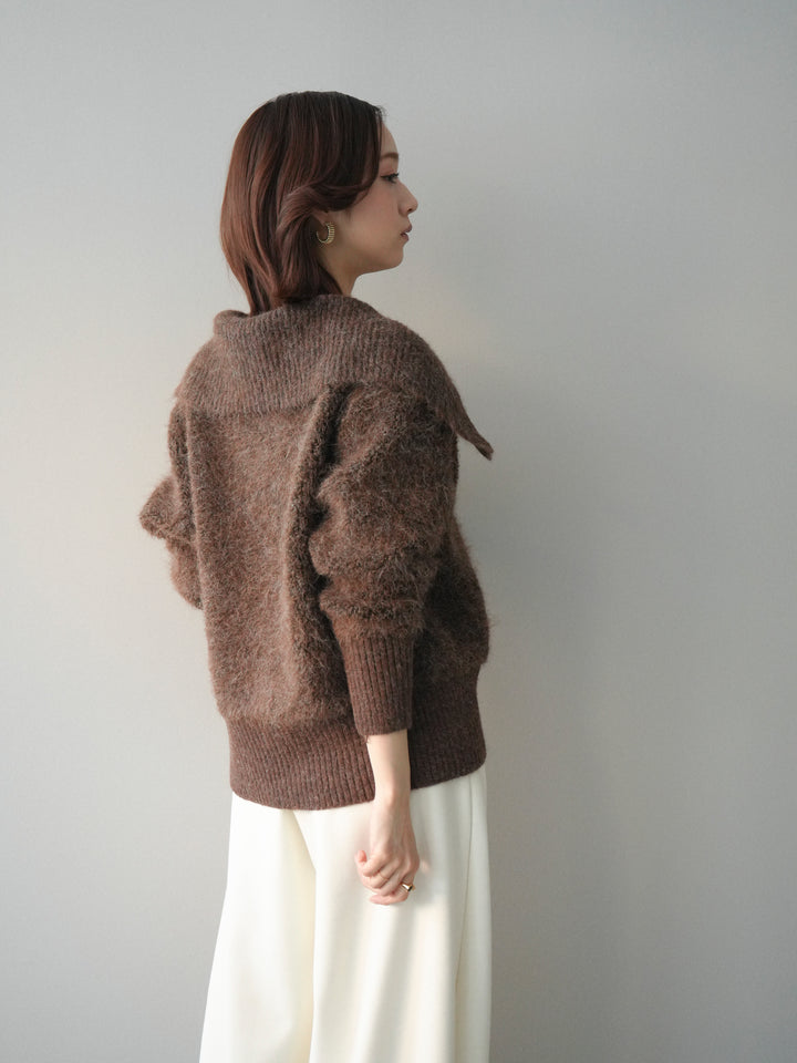 [SET]リブ襟ブークレZIPニットカーディガン+ウエストベルトカーブラインスエットパンツ(2set)